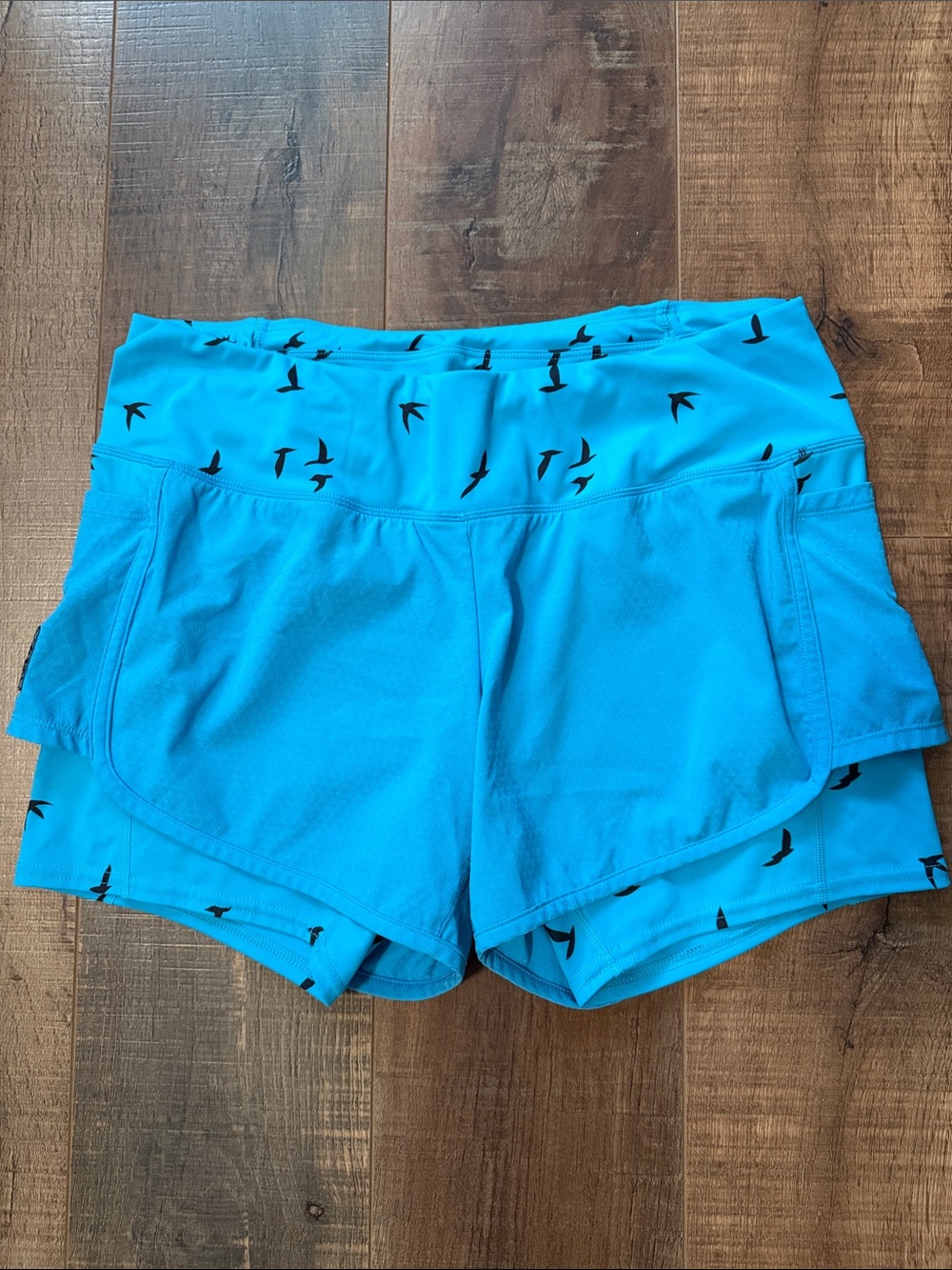 oiselle Bright Turquoise Running Shorts with Bird Print